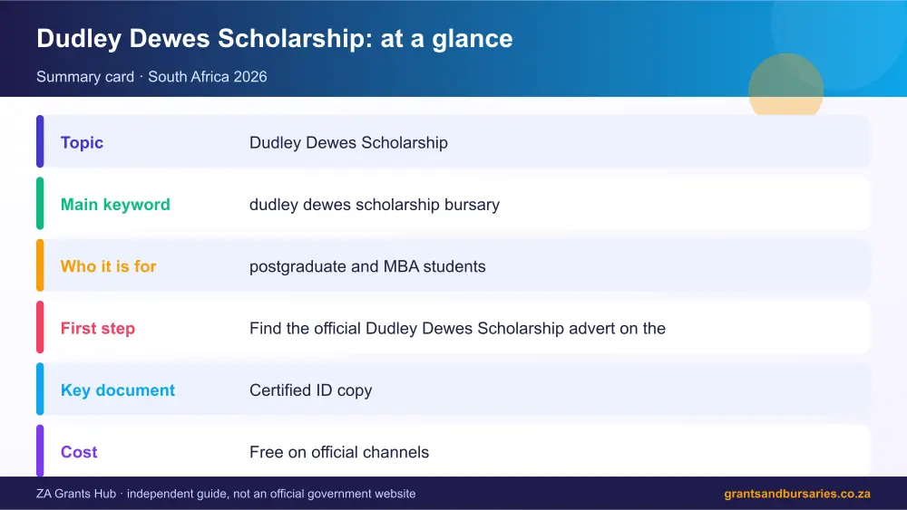 Dudley Dewes Scholarship at a glance summary infographic – dudley dewes scholarship bursary South Africa 2026