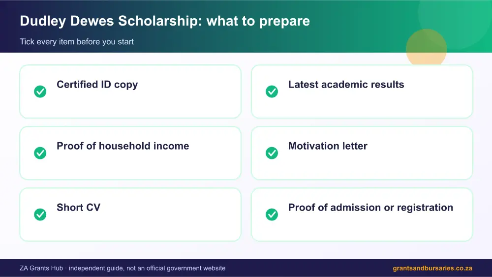 Dudley Dewes Scholarship documents checklist infographic – dudley dewes scholarship bursary South Africa 2026