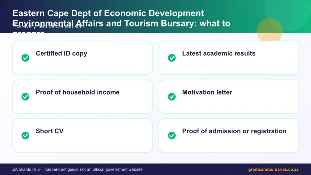 Eastern Cape Dept of Economic Development Environmental Affairs and Tourism Bursary documents checklist infographic – eastern cape dept of economic development environmental affairs and tourism bursary South Africa 2026