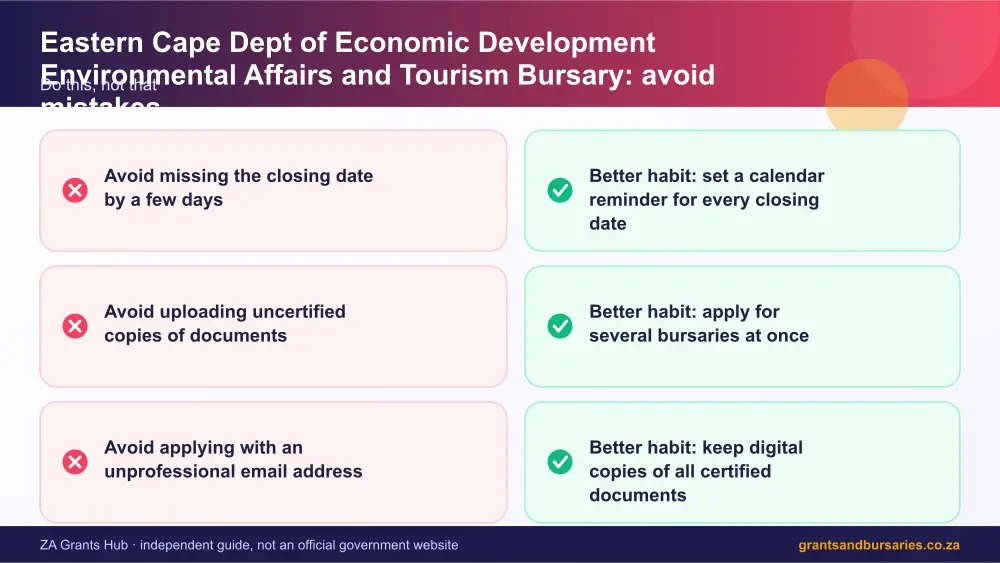 Eastern Cape Dept of Economic Development Environmental Affairs and Tourism Bursary mistakes to avoid and tips infographic – eastern cape dept of economic development environmental affairs and tourism bursary South Africa 2026