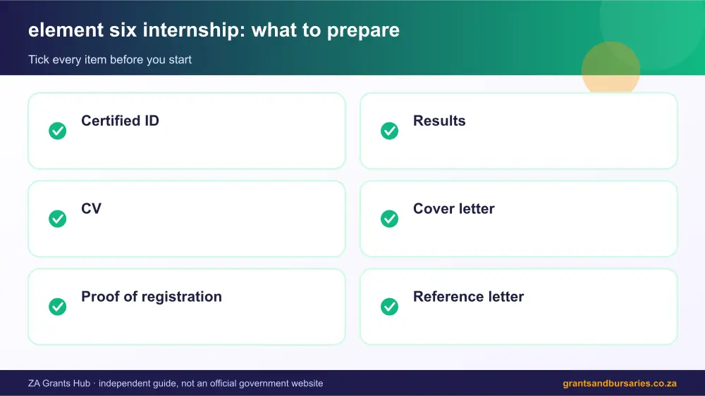 element six internship documents checklist infographic – element six internship South Africa 2026
