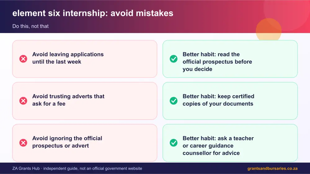 element six internship mistakes to avoid and tips infographic – element six internship South Africa 2026