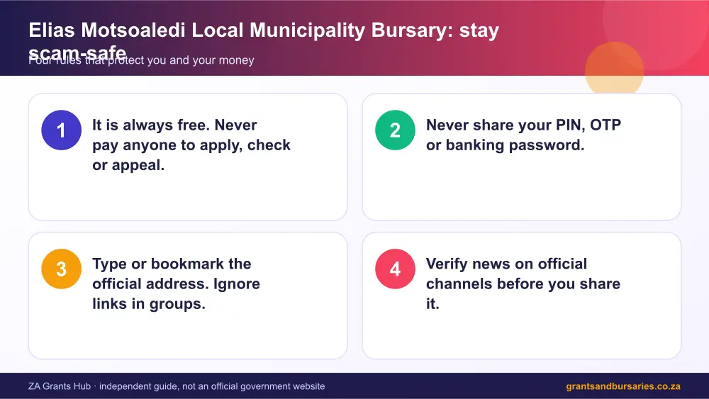 Elias Motsoaledi Local Municipality Bursary stay safe from scams infographic – elias motsoaledi bursary South Africa 2026