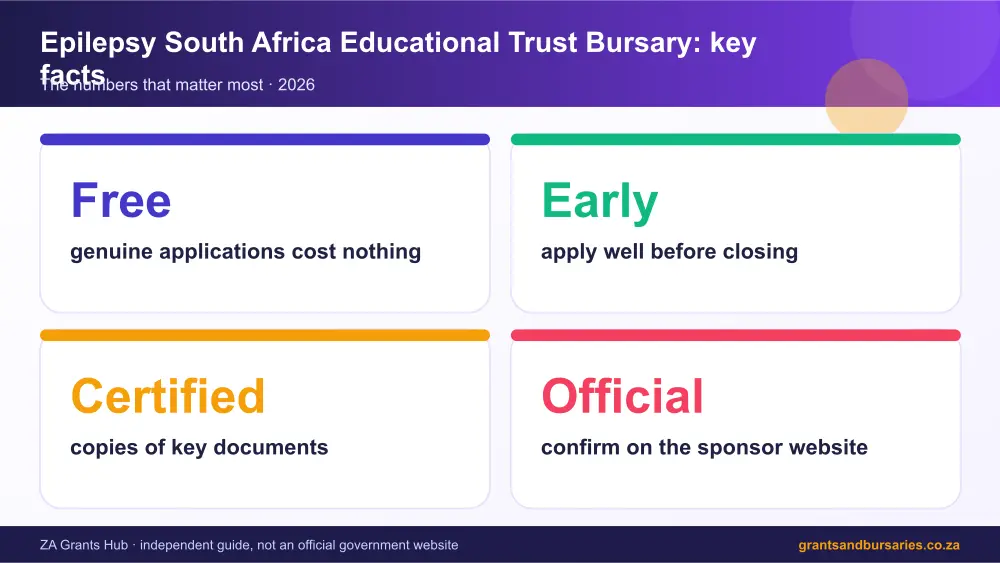 Epilepsy South Africa Educational Trust Bursary key facts at a glance infographic – epilepsy educational trust bursary South Africa 2026