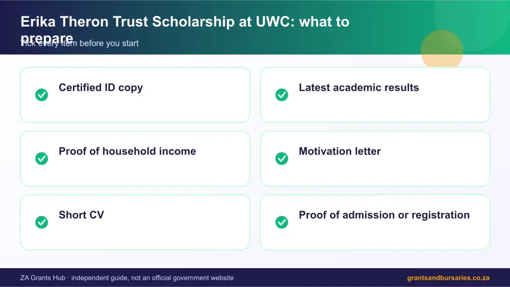 Erika Theron Trust Scholarship at UWC documents checklist infographic – erika theron trust scholarship at uwc South Africa 2026
