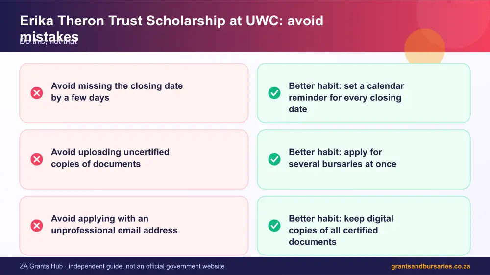 Erika Theron Trust Scholarship at UWC mistakes to avoid and tips infographic – erika theron trust scholarship at uwc South Africa 2026