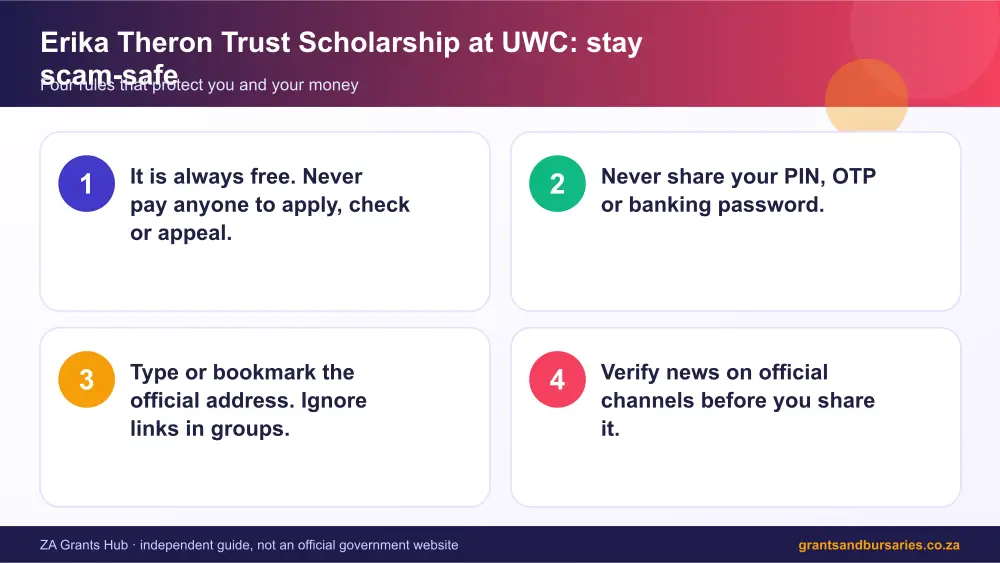 Erika Theron Trust Scholarship at UWC stay safe from scams infographic – erika theron trust scholarship at uwc South Africa 2026