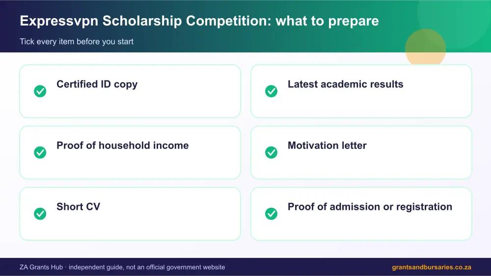Expressvpn Scholarship Competition documents checklist infographic – expressvpn scholarship competition bursary South Africa 2026