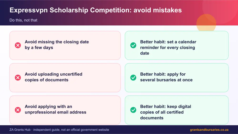 Expressvpn Scholarship Competition mistakes to avoid and tips infographic – expressvpn scholarship competition bursary South Africa 2026