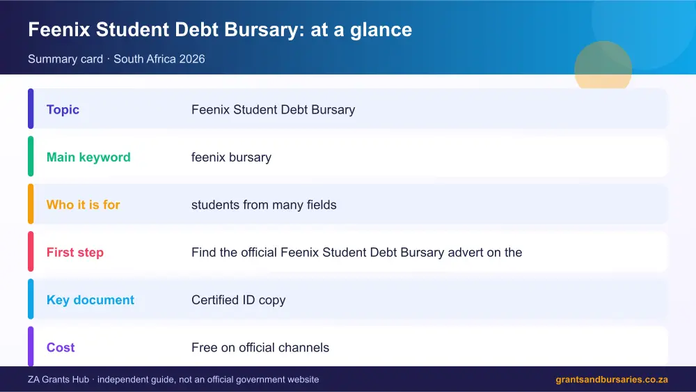 Feenix Student Debt Bursary at a glance summary infographic – feenix bursary South Africa 2026