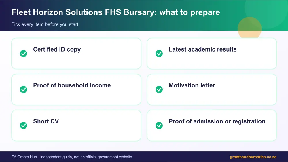 Fleet Horizon Solutions FHS Bursary documents checklist infographic – fleet horizon solutions bursary South Africa 2026