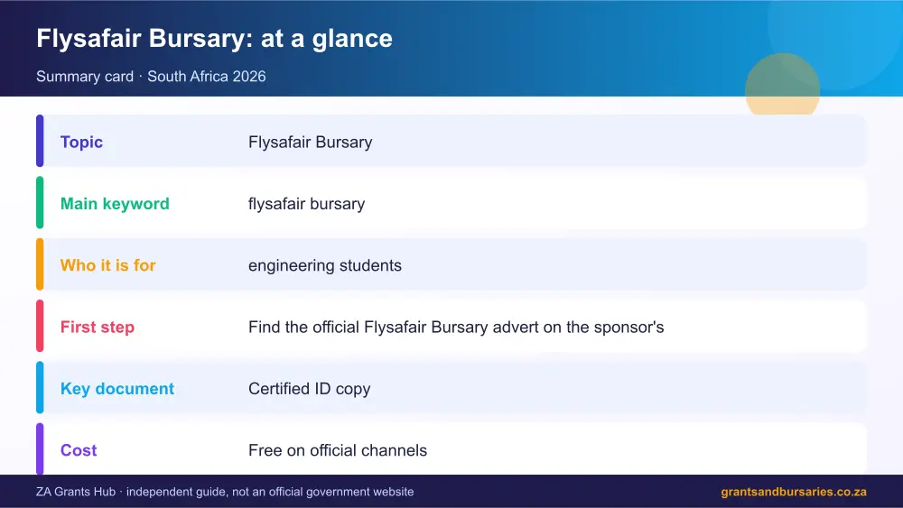 Flysafair Bursary at a glance summary infographic – flysafair bursary South Africa 2026