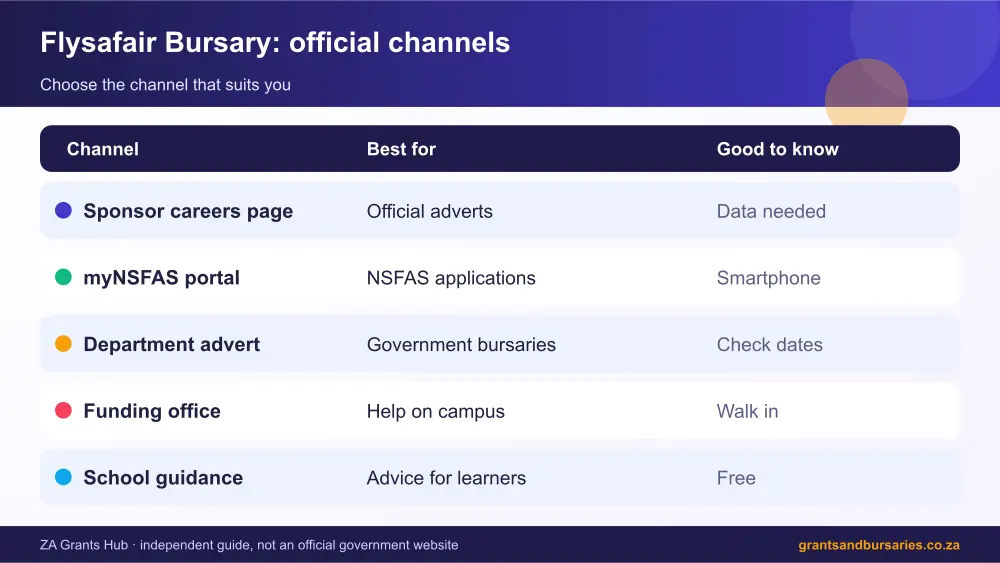 Flysafair Bursary official channels comparison infographic – flysafair bursary South Africa 2026
