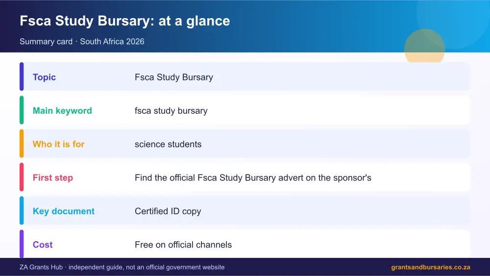 Fsca Study Bursary at a glance summary infographic – fsca study bursary South Africa 2026