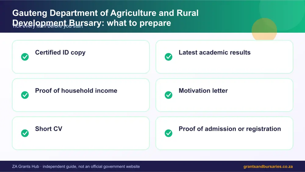 Gauteng Department of Agriculture and Rural Development Bursary documents checklist infographic – gauteng department of agriculture and rural development bursary South Africa 2026