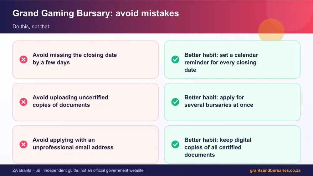 Grand Gaming Bursary mistakes to avoid and tips infographic – grand gaming bursary South Africa 2026