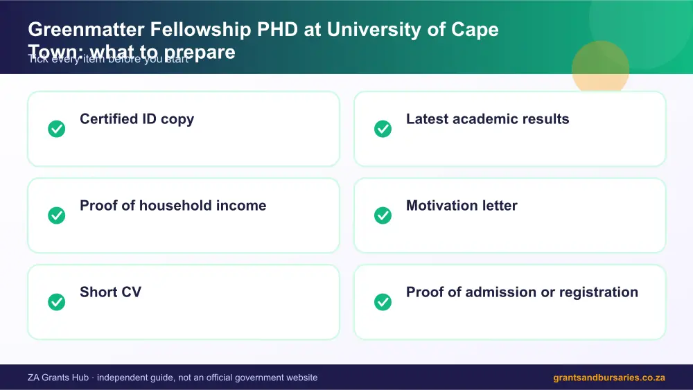 Greenmatter Fellowship PHD at University of Cape Town documents checklist infographic – greenmatter fellowship phd at university of cape town bursary South Africa 2026