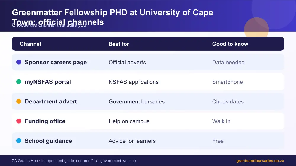 Greenmatter Fellowship PHD at University of Cape Town official channels comparison infographic – greenmatter fellowship phd at university of cape town bursary South Africa 2026