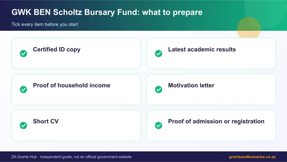 GWK BEN Scholtz Bursary Fund documents checklist infographic – gwk bursary South Africa 2026