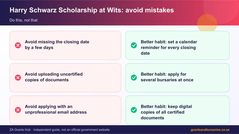 Harry Schwarz Scholarship at Wits mistakes to avoid and tips infographic – harry schwarz scholarship at wits South Africa 2026
