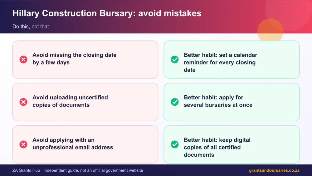 Hillary Construction Bursary mistakes to avoid and tips infographic – hillary construction bursary South Africa 2026