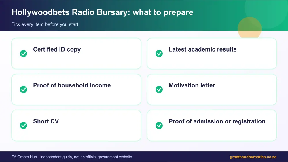 Hollywoodbets Radio Bursary documents checklist infographic – hollywoodbets radio bursary South Africa 2026