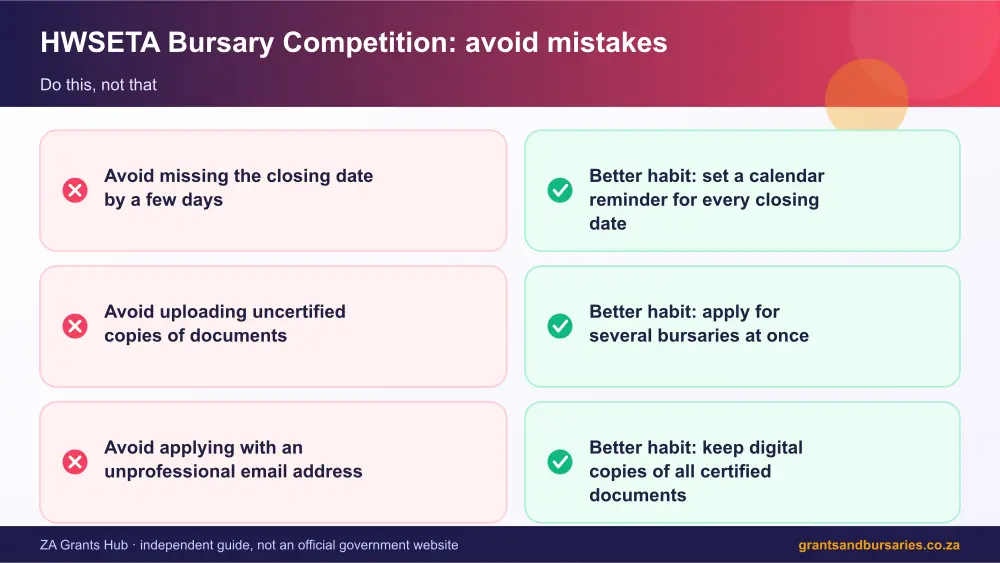 HWSETA Bursary Competition mistakes to avoid and tips infographic – hwseta bursary competition South Africa 2026