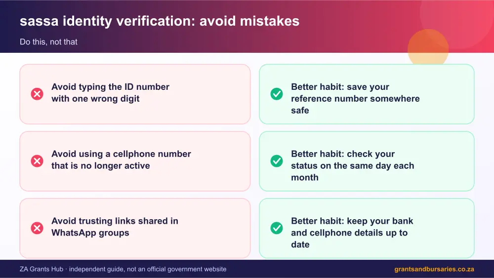 sassa identity verification mistakes to avoid and tips infographic – sassa identity verification South Africa 2026