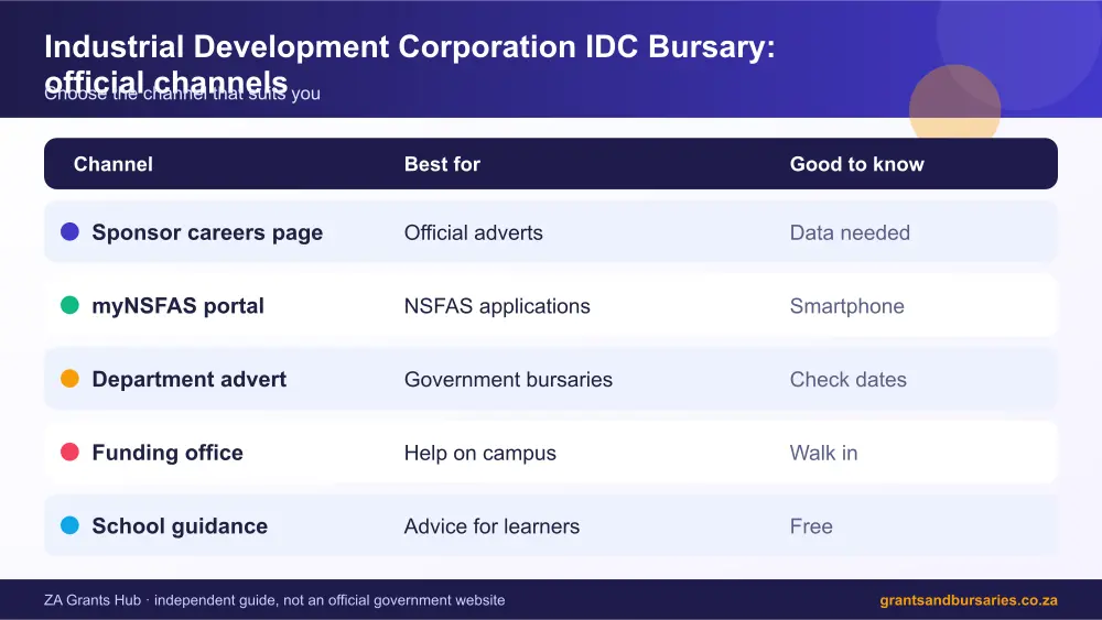 Industrial Development Corporation IDC Bursary official channels comparison infographic – idc bursary South Africa 2026