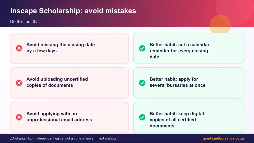 Inscape Scholarship mistakes to avoid and tips infographic – inscape scholarship South Africa 2026