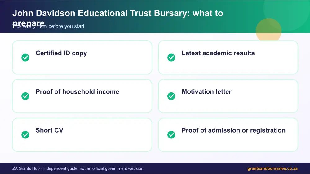 John Davidson Educational Trust Bursary documents checklist infographic – john davidson educational trust bursary South Africa 2026