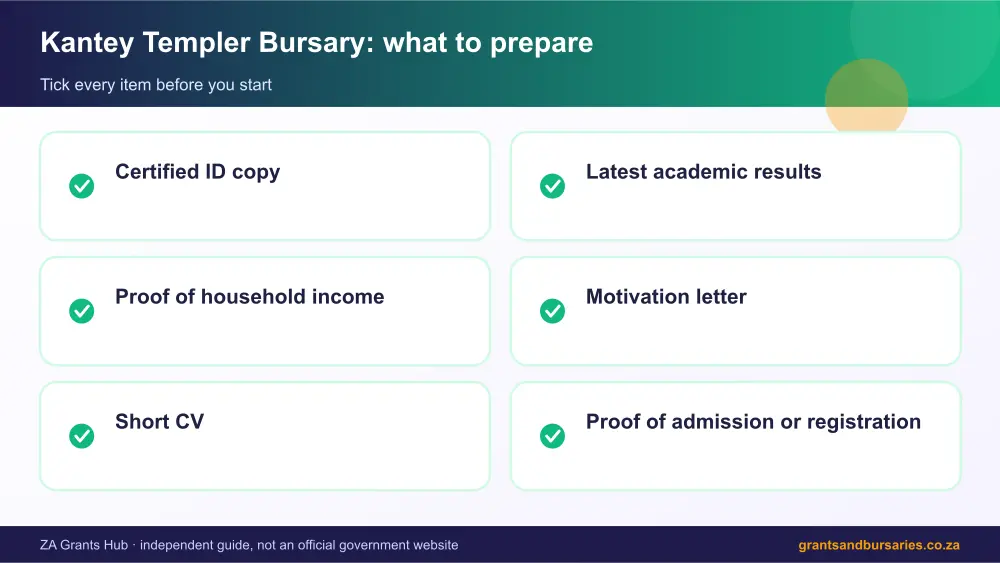 Kantey Templer Bursary documents checklist infographic – kantey templer bursary South Africa 2026