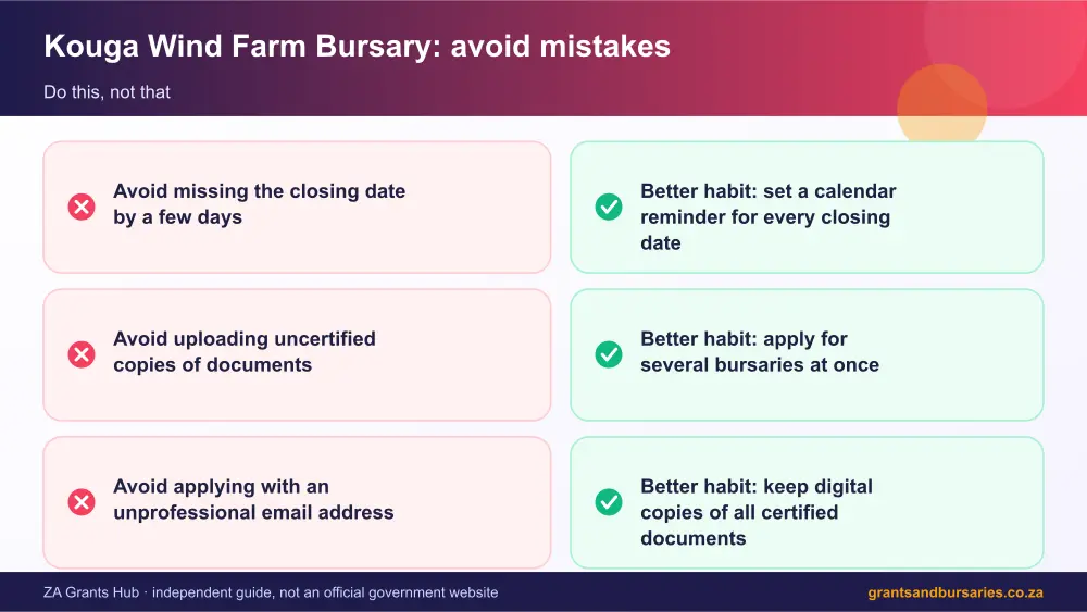 Kouga Wind Farm Bursary mistakes to avoid and tips infographic – kouga wind farm bursary South Africa 2026