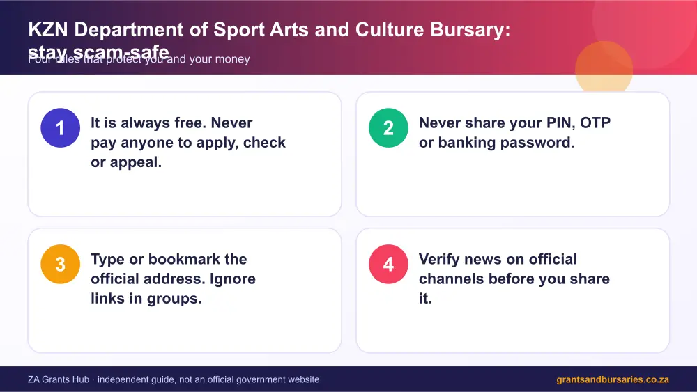 KZN Department of Sport Arts and Culture Bursary stay safe from scams infographic – kzn department of sport arts and culture bursary South Africa 2026