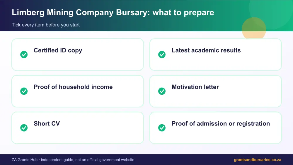 Limberg Mining Company Bursary documents checklist infographic – limberg mining company bursary South Africa 2026