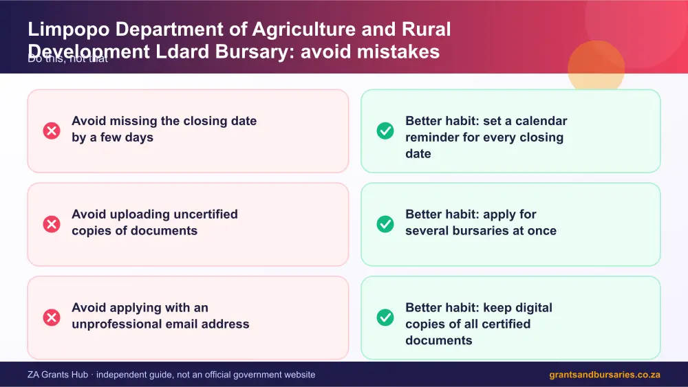 Limpopo Department of Agriculture and Rural Development Ldard Bursary mistakes to avoid and tips infographic – limpopo department of agriculture and rural development ldard bursary South Africa 2026