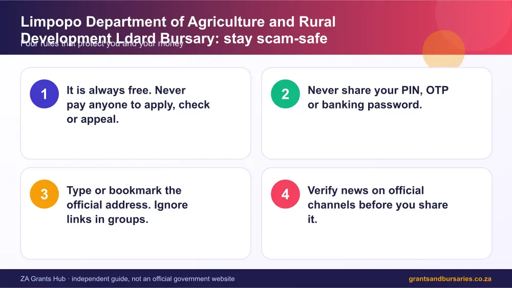 Limpopo Department of Agriculture and Rural Development Ldard Bursary stay safe from scams infographic – limpopo department of agriculture and rural development ldard bursary South Africa 2026