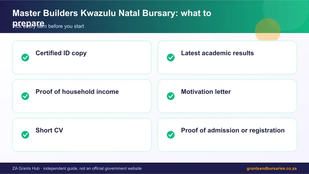 Master Builders Kwazulu Natal Bursary documents checklist infographic – master builders kwazulu natal bursary South Africa 2026
