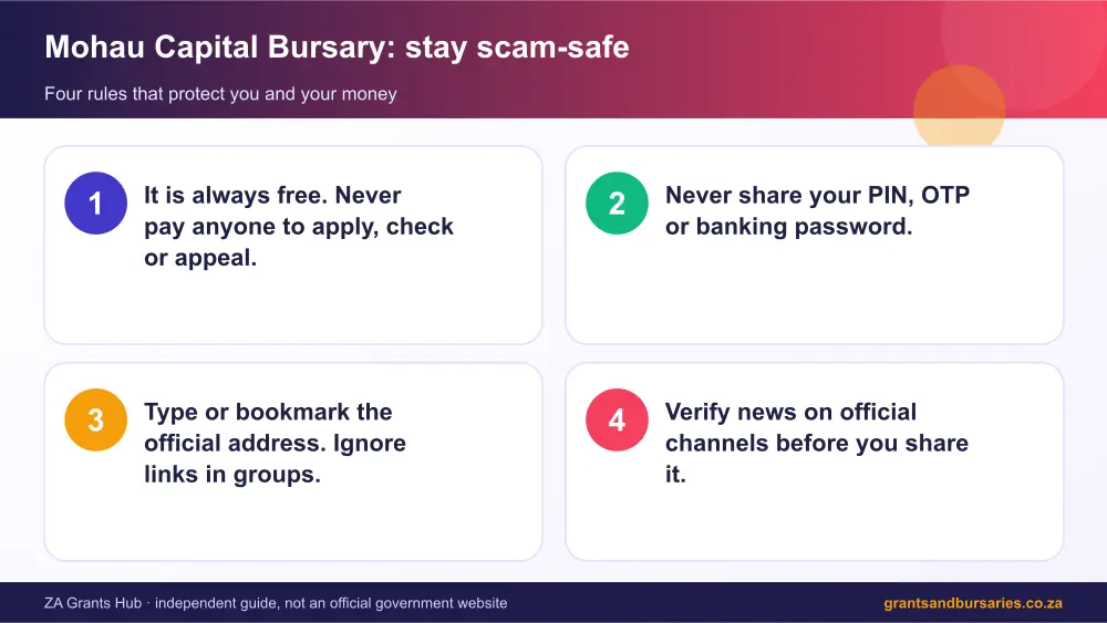 Mohau Capital Bursary stay safe from scams infographic – mohau capital bursary South Africa 2026
