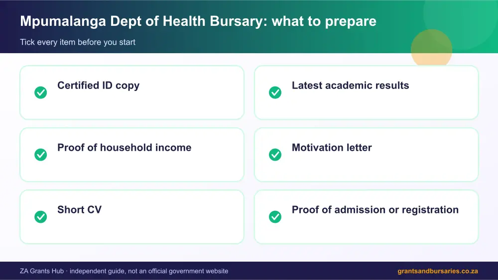 Mpumalanga Dept of Health Bursary documents checklist infographic – mpumalanga department of health bursaries South Africa 2026