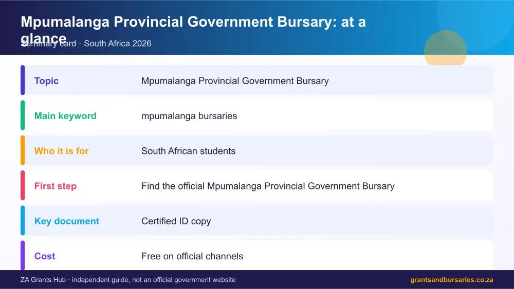 Mpumalanga Provincial Government Bursary at a glance summary infographic – mpumalanga bursaries South Africa 2026