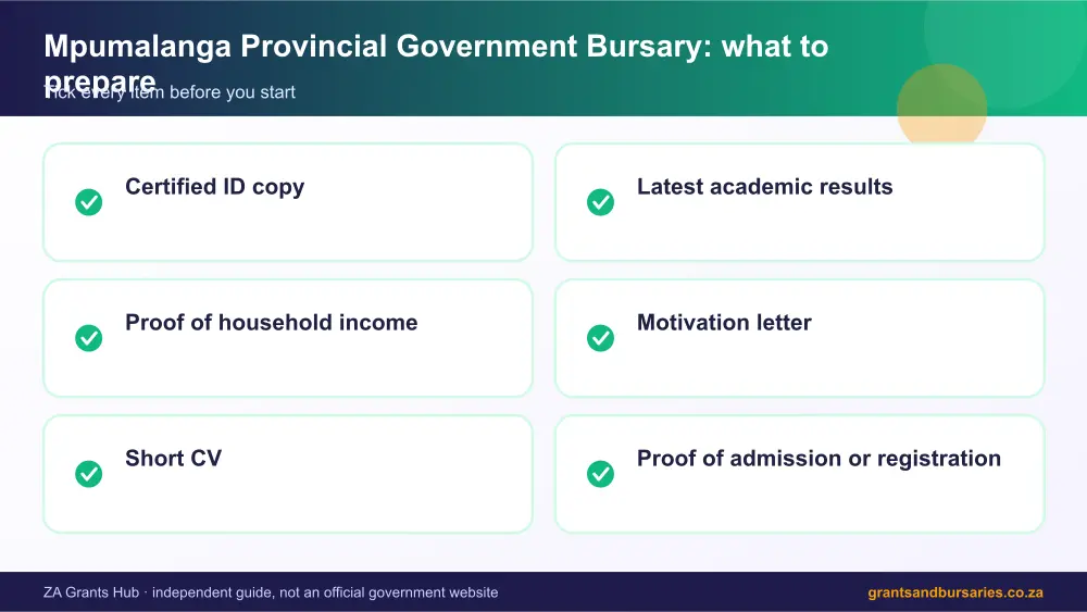 Mpumalanga Provincial Government Bursary documents checklist infographic – mpumalanga bursaries South Africa 2026