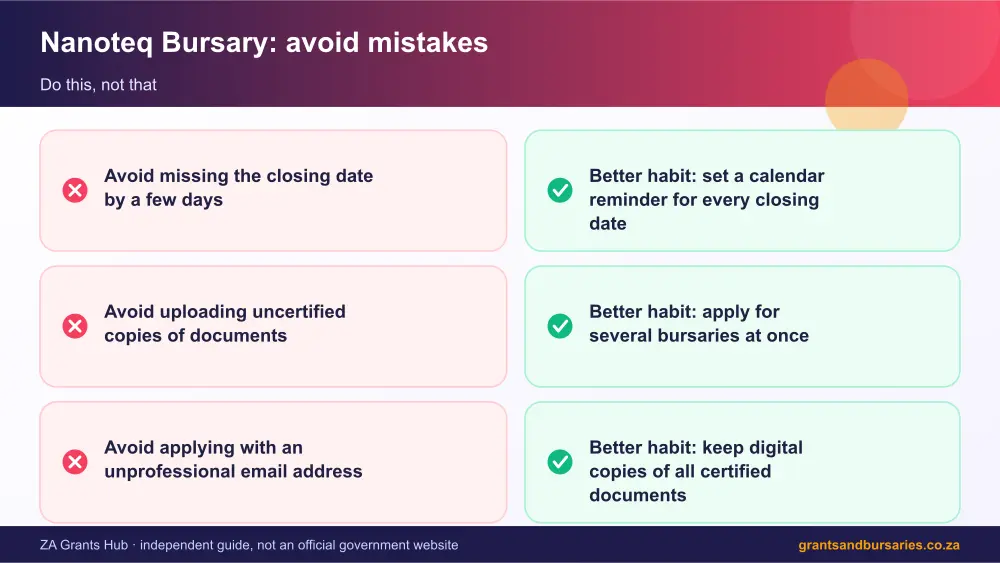 Nanoteq Bursary mistakes to avoid and tips infographic – nanoteq bursary South Africa 2026