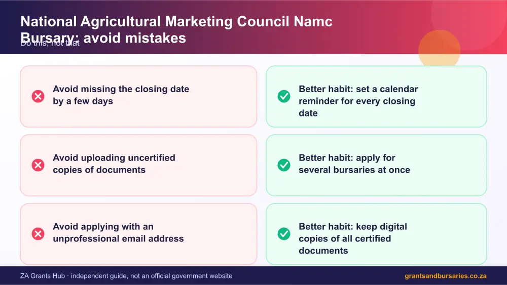 National Agricultural Marketing Council Namc Bursary mistakes to avoid and tips infographic – national agricultural marketing council namc bursary South Africa 2026