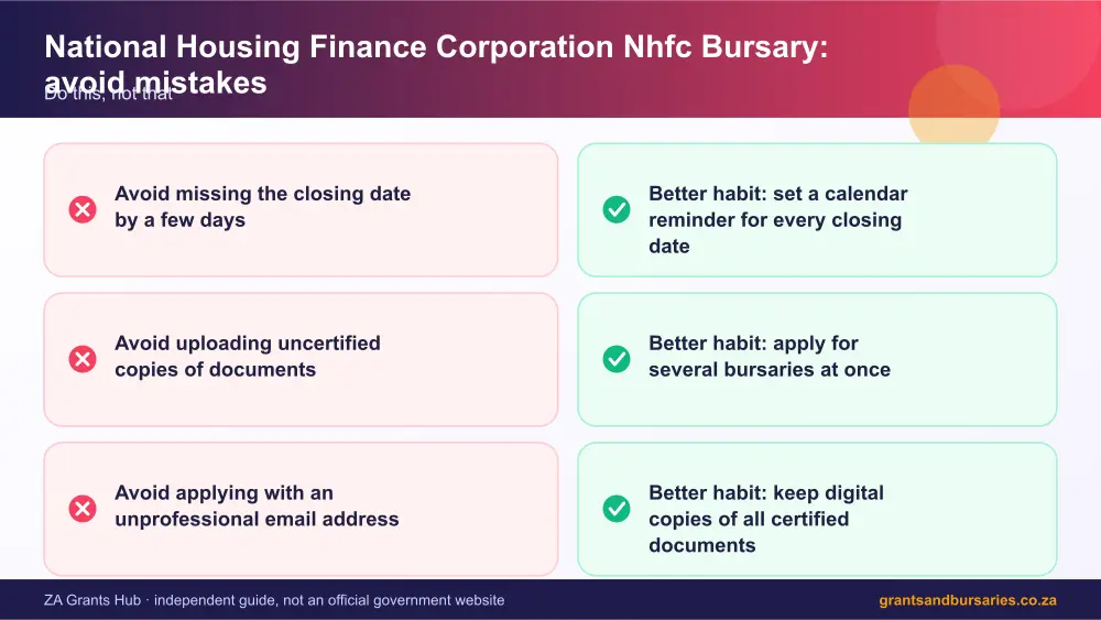 National Housing Finance Corporation Nhfc Bursary mistakes to avoid and tips infographic – national housing finance corporation nhfc bursary South Africa 2026