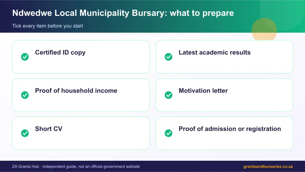 Ndwedwe Local Municipality Bursary documents checklist infographic – ndwedwe local municipality bursary South Africa 2026
