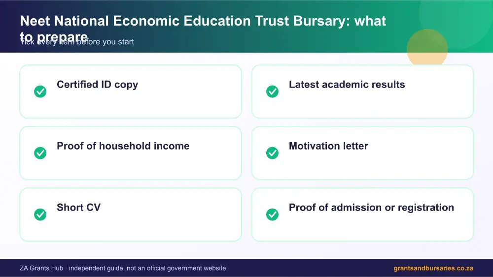Neet National Economic Education Trust Bursary documents checklist infographic – neet national economic education trust bursary South Africa 2026