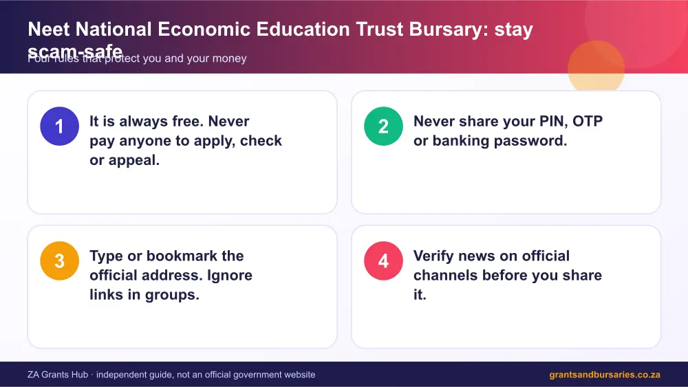 Neet National Economic Education Trust Bursary stay safe from scams infographic – neet national economic education trust bursary South Africa 2026