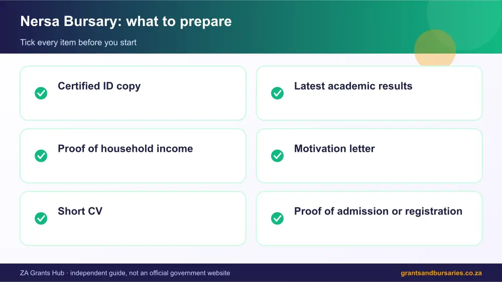 Nersa Bursary documents checklist infographic – nersa bursary South Africa 2026