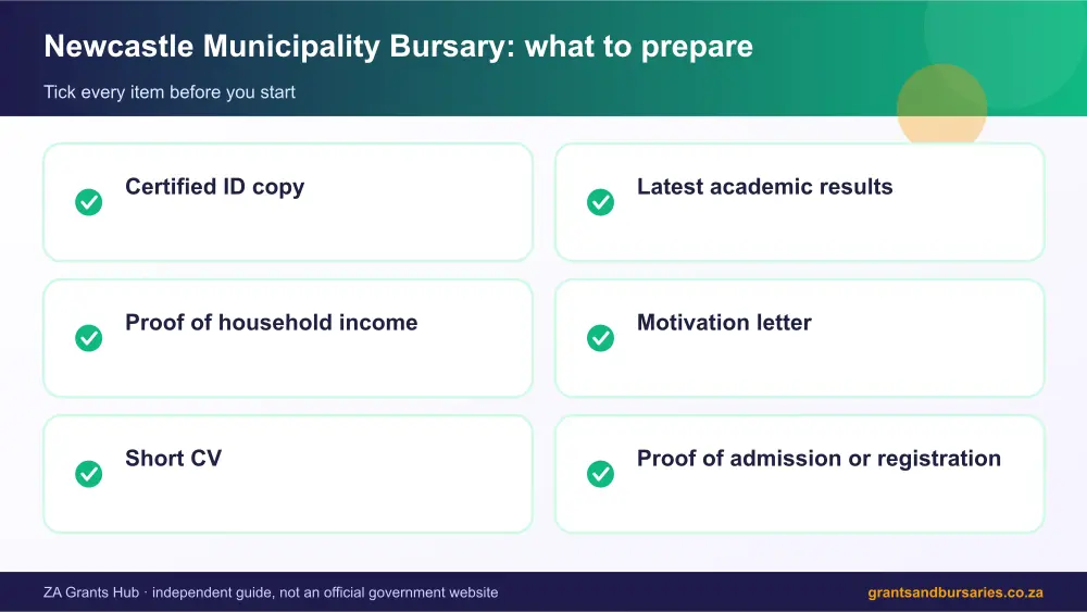 Newcastle Municipality Bursary documents checklist infographic – newcastle municipality bursary South Africa 2026